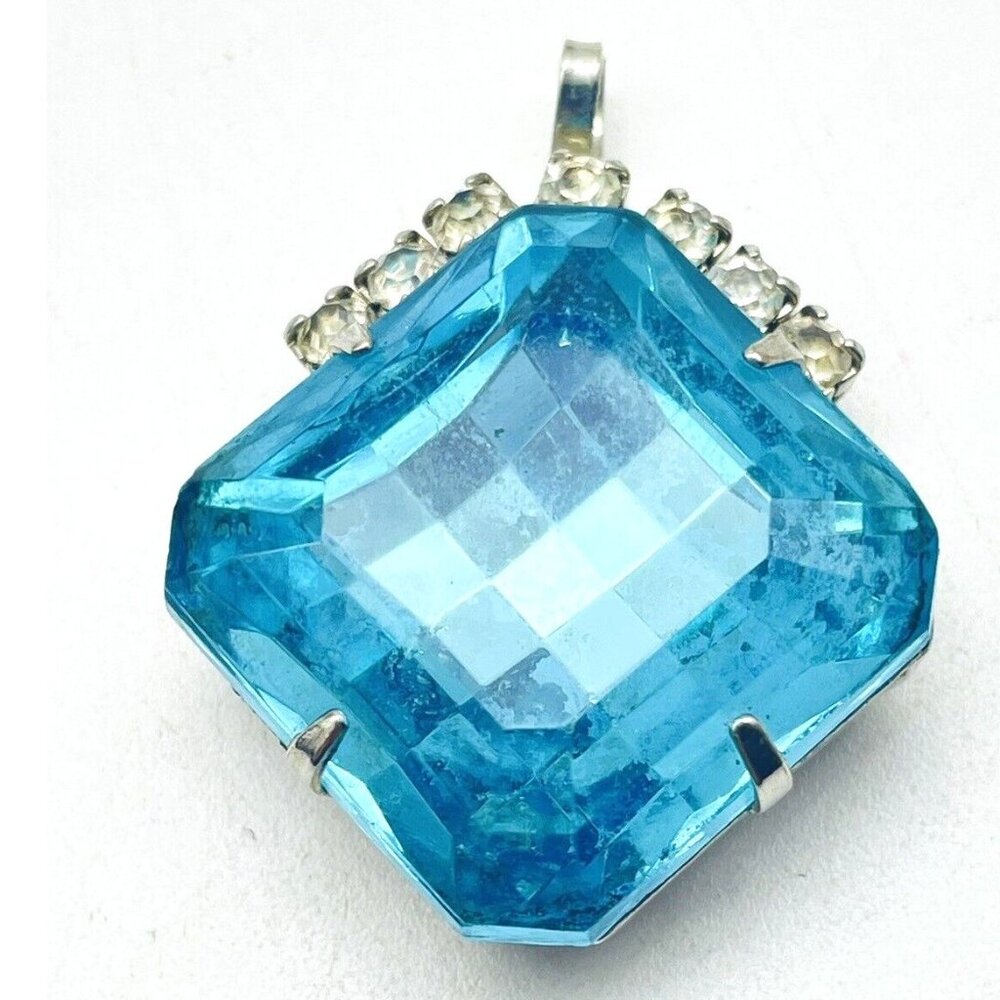 Blue Faceted Glass Pendant Silver Tone Clear Rhinestone Accents Vintage